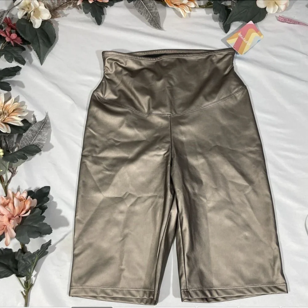 NWT $58‎ Yummie [ Medium ] Bronze Faux Leather Biker Shorts #5215